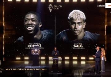 Instant de remise du trophée du ballon d'Or de l'année 2025 à Ousmane Dembélé